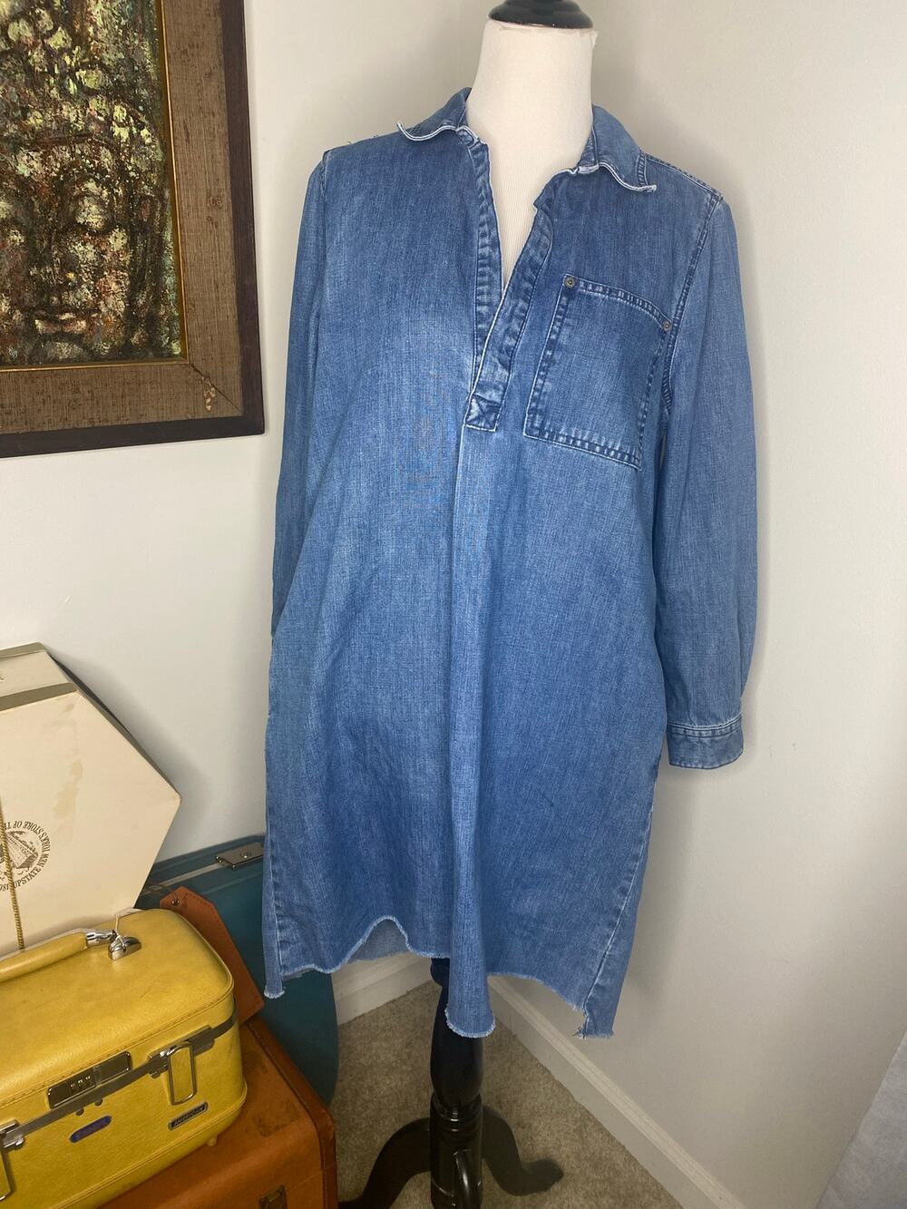 Lucky Brand Alva Denim Popover Dress L True Indigo Chambray Shirt Dress